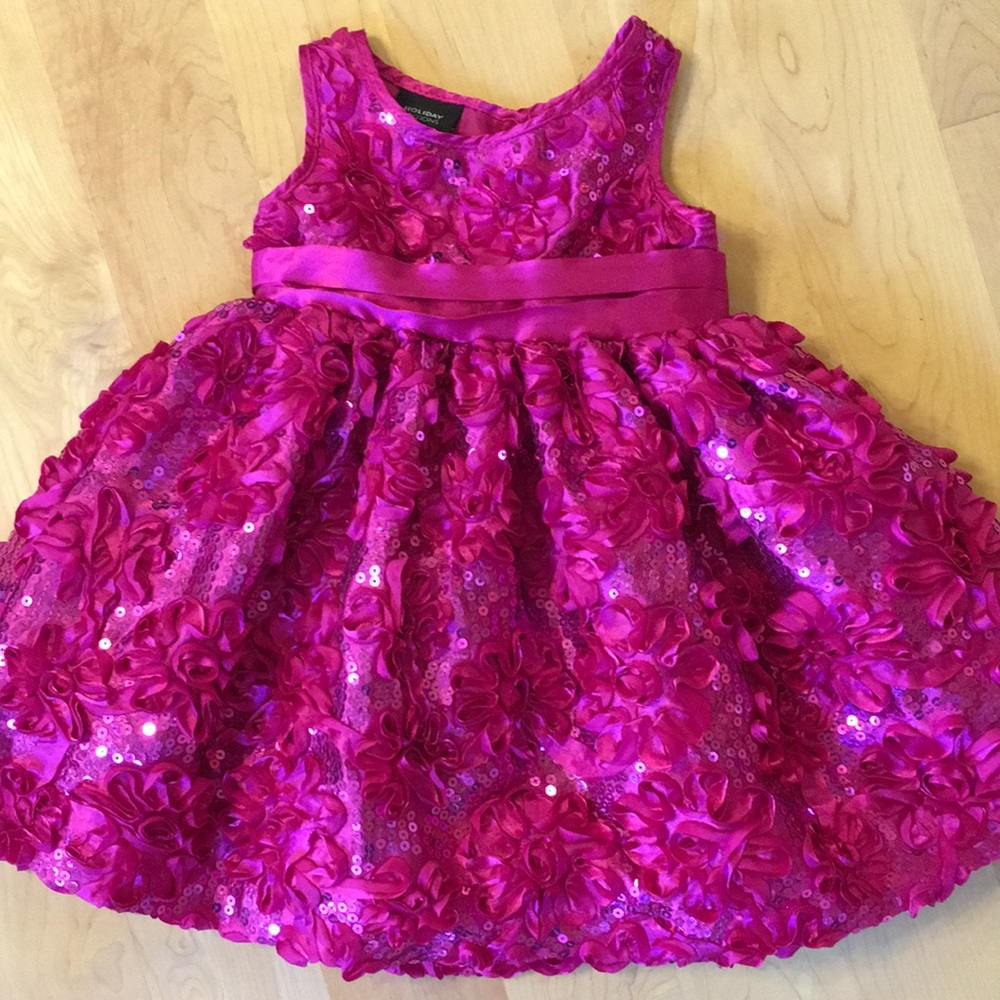 HOLIDAY EDITIONS | Hot Fuchsia Pink Sequin & Floral Ribbon Pattern Dress